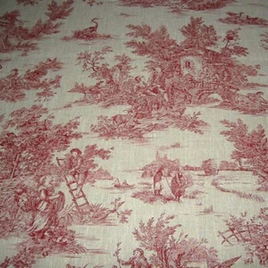 Stoff Leinen Toile de Jouy Ernte natur rot Reinleinen klassisch - Picture 1 of 3