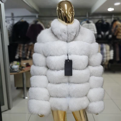 Mens Real Blue Fox Fur Coats Natural White Fur Jackets Stand-up Collar Outwear - Image 1 of 4