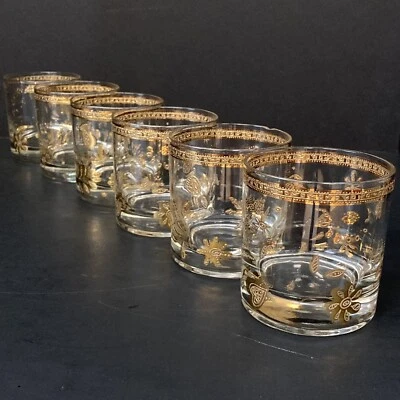 Vintage Gold Embossed Rocks Whiskey Glasses Low Ball Barware As Is - Set of 6 - Image 1 of 4