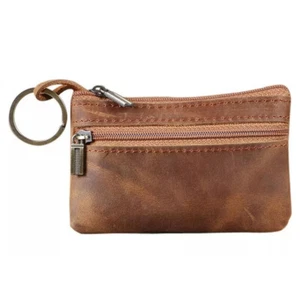 Brown Leather Small Coin Holder Change Purse Zipper Key card Wallet - Picture 1 of 4