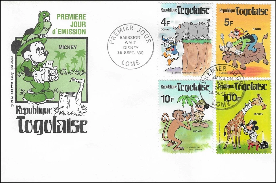Minnie Goofy Donald Mickey Photographing In Africa Disney Republic Togo FDC 1980 - Image 1 of 1