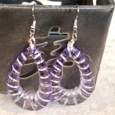 Retro 80s Disco Statement Purple Lucite Open Teardrop Wire Wrap Earrings - Image 1 of 4