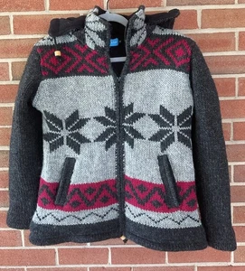 100% Wool Gray Hooded Fleece Lining Cable Nepal Zip Cardigan Nordic Chunky - Picture 1 of 13