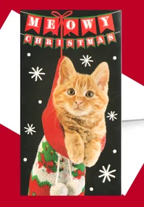 Meowy Weihnachten Kätzchen Katze - Glitzer akzentuiert groß 7 x 3,75 Weihnachtskarte - Bild 1 von 3