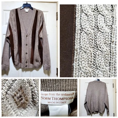 VTG Norm Thompson Sweater Mens L Brown Wool Suede Cableknit Cardigan Italy 90s - Image 1 of 4