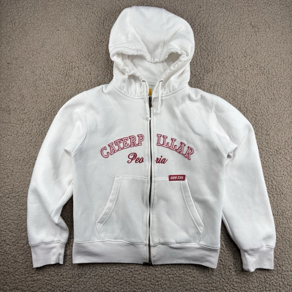 Sudadera con capucha CAT Caterpillar con cremallera para mujer talla 10 blanca deletreada bordada Y2K Foto 1 de 4