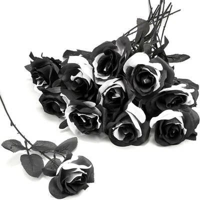 10 Piezas Rosas Blancas y Negras Flores Artificiales con Tallos, Imitación Seda Flores Bri Foto 1 de 4