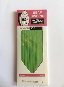 Vtg Talon Tapes Iron On Seam Binding 3 Yards 100% Fine Rayon Spring Green - Picture 1 of 4