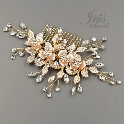 Rose Bridal Hair Comb Crystal Headpiece Hair Clip Wedding Accessory 01807 GOLD - Image 1 of 4