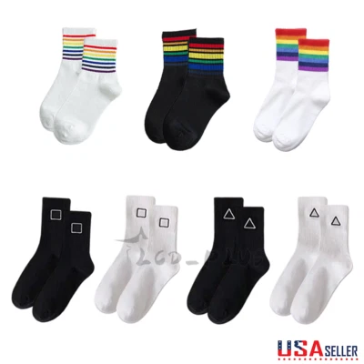 Women Men Cotton Athletic Sports Crew Socks Striped Over Ankle Casual Classic US - Image 1 of 4