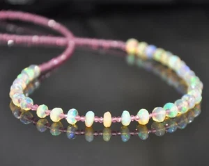 Natürlicher äthiopischer Opal und rosa Turmalin Perlen Halskette, Sterlingsilber - Bild 1 von 4