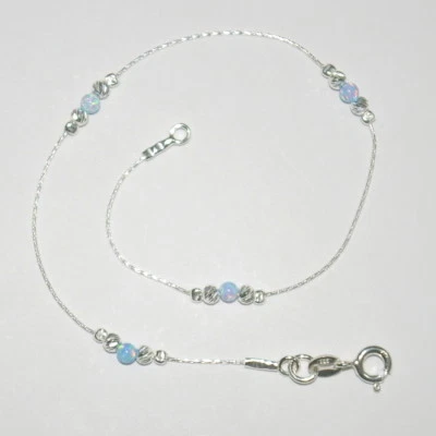 Sterling Silver 925 Chain, Laser Cut and Blue OPAL Beads ANKLET - Your Size - Image 1 of 4