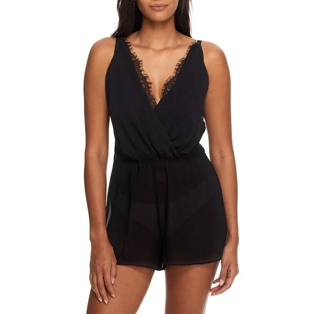Flora Nikrooz BLACK Blossom Solid Chiffon Romper, US Small - Image 1 of 4