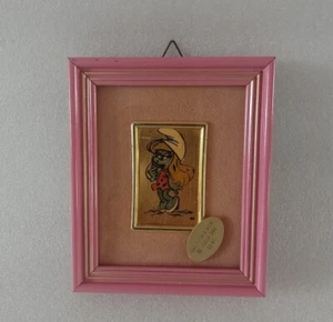 Colgante de Pared Vintage Pitufos Pintura Oro 23 Kt Azul Niña Pitufos Marco Rosa - Imagen 1 de 7