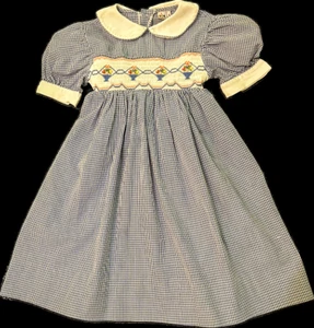 Two Friends Smocked Flower Baskets Blue Checked puff Sleeve Dress w/Tie sz 4 - Picture 1 of 2