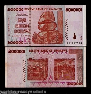 ZIMBABWE 5 BILLION Dollars P-84 X 100 Pcs Lot 2008 Circulated Used Bundle NOTE - Picture 1 of 2