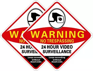 (2 Pack) 24 Hour Video Surveillance Sign Security Cameras in use Sign 9.7”x7”War - Picture 1 of 12