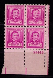 US USA Sc# 986 MNH FVF PLATE # BLOCK Edgar Allan Poe Writer Author - Picture 1 of 1