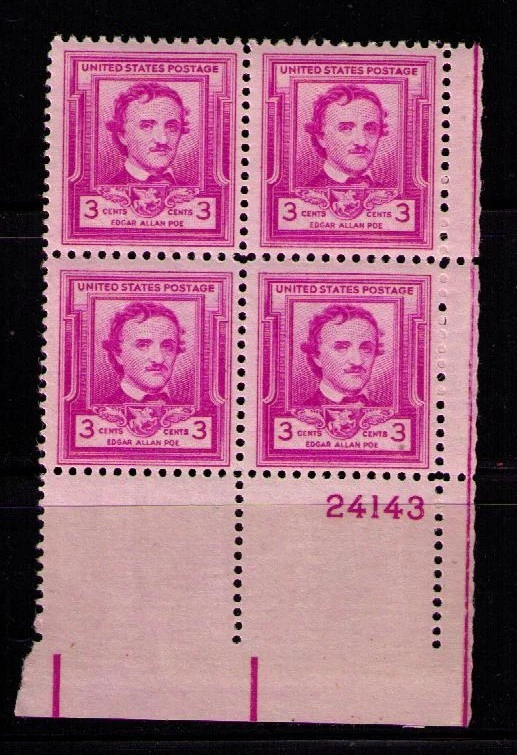 US USA Sc# 986 MNH FVF PLATE # BLOCK Edgar Allan Poe Writer Author - Image 1 of 1