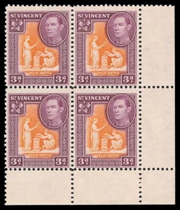 St Vincent 1938 KGVI 3d orange & purple block of four superb MNH. SG 154. - Picture 1 of 1