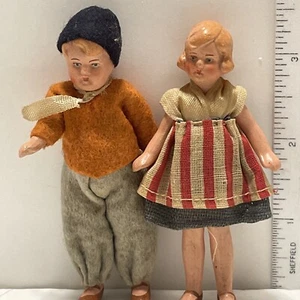 German Bisque Hand Painted Dollhouse Dolls - Boy & Girl - Picture 1 of 5