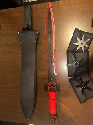 FANTASY SHORT SWORD | 27" Red Blade Demon Skull + Shoulder Sheath - Image 1 of 2