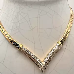 VTG 1980s' Christian Dior Gold Plated Clear Diamante Chevron Runway Necklace - Picture 1 of 7