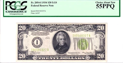 1934 $20 FRN LGS Light Green Seal Minneapolis PCGS 55PPQ #I00100327A - Image 1 of 2