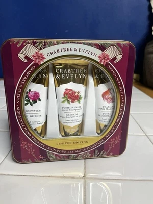 Crabtree & Evelyn ROSEWATER, POM, PEAR Hand Therapy Gift Set Tin 3x1.5oz LTD ED - Image 1 of 4