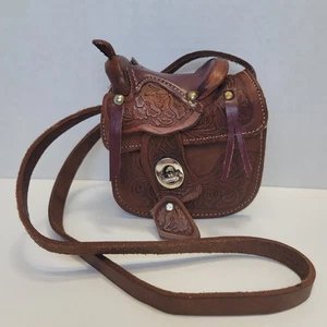 Vintage Mini Handbag Horse Saddle Western Tooled Brown Leather Sheepskin Cowgirl - Picture 1 of 11