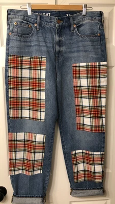 Mujer J. Pantalones de mezclilla Crew reimaginados parche a cuadros clásico etiqueta recta 31 real 35 Foto 1 de 4