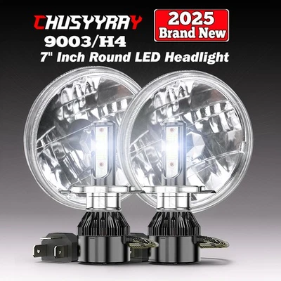 7 Inch LED GLASS Headlight Round, ORIGINAL CLASSIC LOOK Conversion Chrome Pair - Image 1 of 4