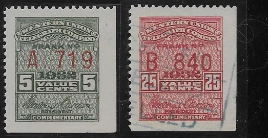 US Scott 16T81-82, 1932, Revenue, Telegraph, Western Union, MOG & Used, NG, F/VF - Image 1 of 1