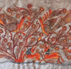 VTG Mexican Folk Art Bird Deer Painting Amatl Bark Paper Mora Tree Matte 18 x 26 - Picture 1 of 22