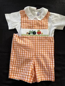 Silly Goose NWOT Orange/White Smocked Embroidered Harvest Romper & Shirt-4T - Picture 1 of 11