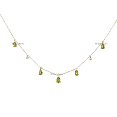 Pear Cut Peridot Gemstone & Natural Diamond Chain Necklace 14k Gold Fine Jewelry - Image 1 of 4