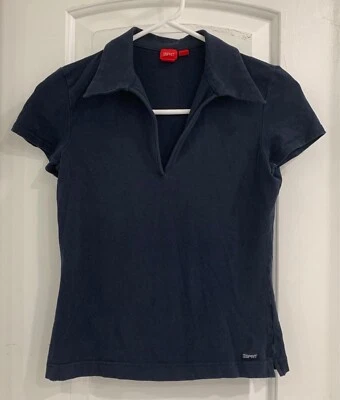 eSprit Blue Collared Pullover Short Sleeve V-neck Size Small - Image 1 of 4