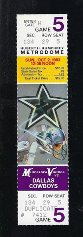 VINTAGE 1983 NFL DALLAS COWBOYS @ MINNESOTA VIKINGS FULL FOOTBALL TICKET Cover