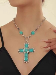 Turquoise Cross Charm Necklace Exaggerated Jewelry Statement Necklace - Picture 1 of 5
