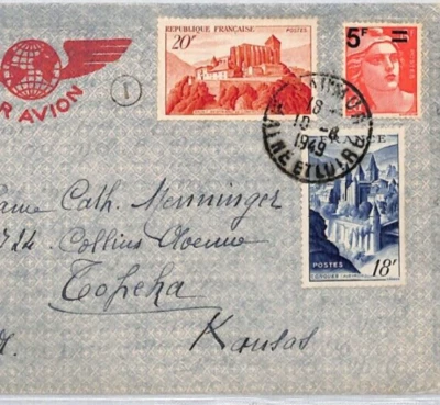 FRANCE Air Mail PAR AVION WINGS Cover 1949 USA Kansas {samwells-covers}YZ128 - Image 1 of 4