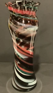 Vintage Hand Blown Marano style Art Glass Vase Swirl 13”Red Purples Fluted - Picture 1 of 10