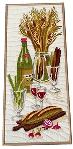 Vtg Long Stitch Needlepoint Wine Bread Veggies Framed Art 24x11 Kitchen - Picture 1 of 7