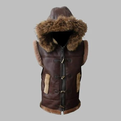Mens Aviator BROWN FUR Shearling Sheepskin Leather Bomber Jacket Hooded Fur Vest - Image 1 of 4