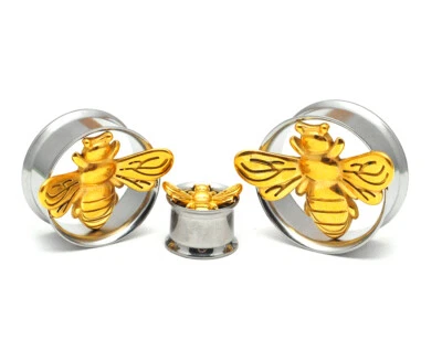 Par de túneles de acero inoxidable 316L con abeja de acero dorado (PS-278) Foto 1 de 3