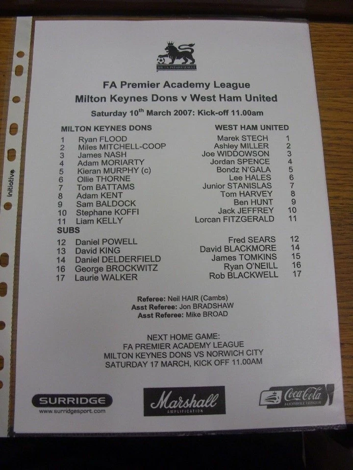 10/03/2007 Milton Keynes Dons U18 v West Ham United U18  (single sheet). Any fau - Image 1 of 1