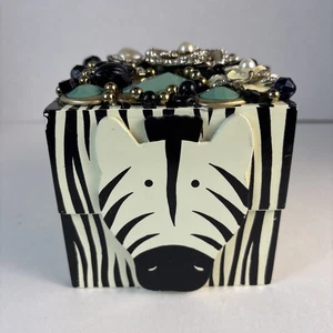 Zebra Striped Trinket Box Embellished With Rhinestones,Pearl & Beads 4.25x4.5x4” - Picture 1 of 7