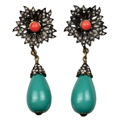 Heidi Daus Crystal Drop Earrings Floral Turquoise Clip - Image 1 of 4