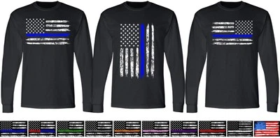 USA Flag Distressed American US Thin Line Black Crewneck Long Sleeve T-Shirt - Image 1 of 2