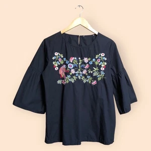 LOFT Black Embroidered Floral Parrot Blouse Top Ruffled Sleeves Summer Women M/L - Picture 1 of 10