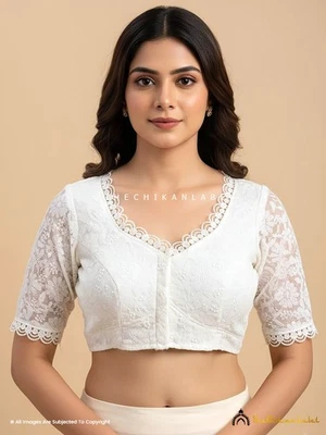Blusa Chikankari blanca Georgette medias mangas para saris, blusa para mujer para sari Foto 1 de 4